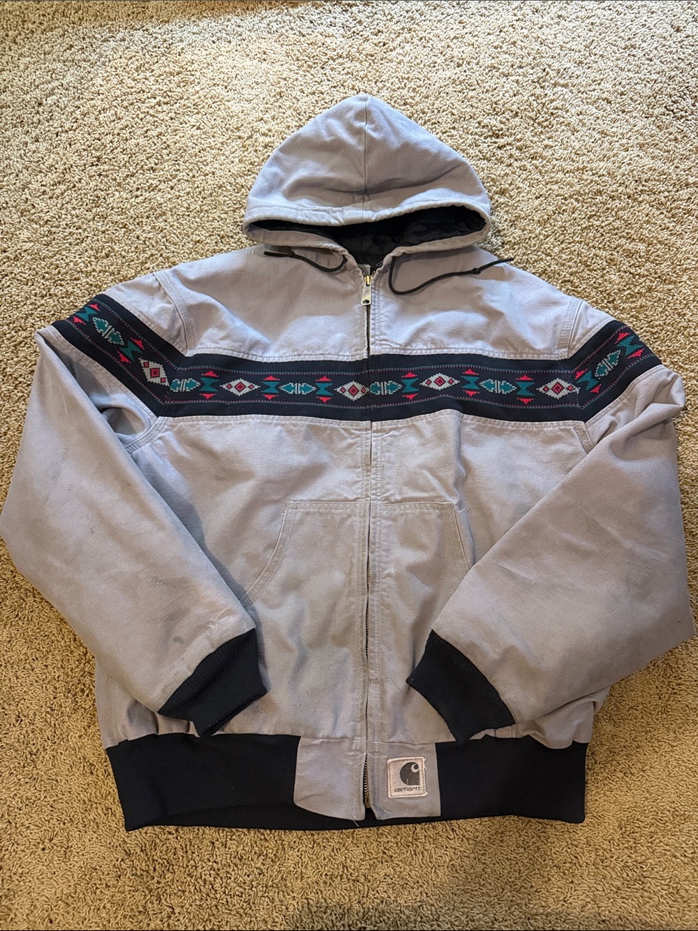Vintage Carhartt Light Gray Hooded Jacket with Southwestern Stripe